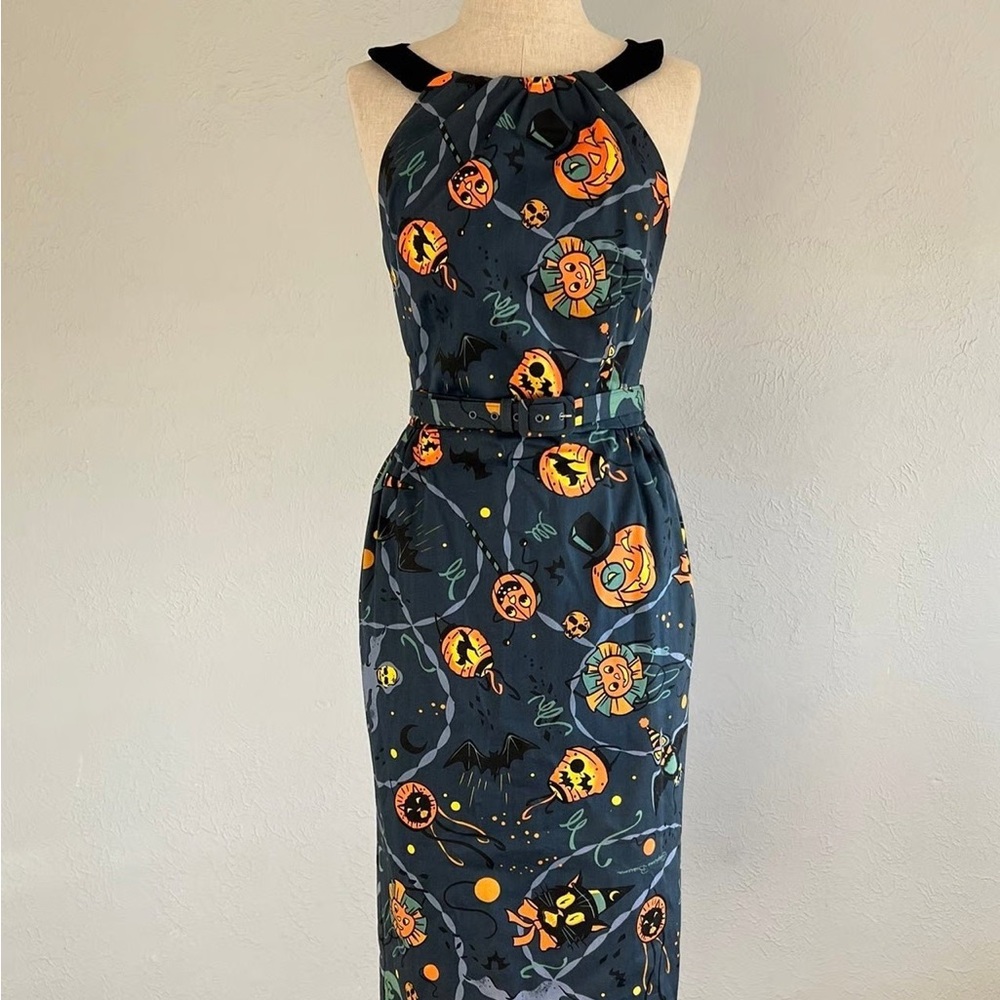 Pinup Couture Black Halloween Pumpkin Print Midi Dress